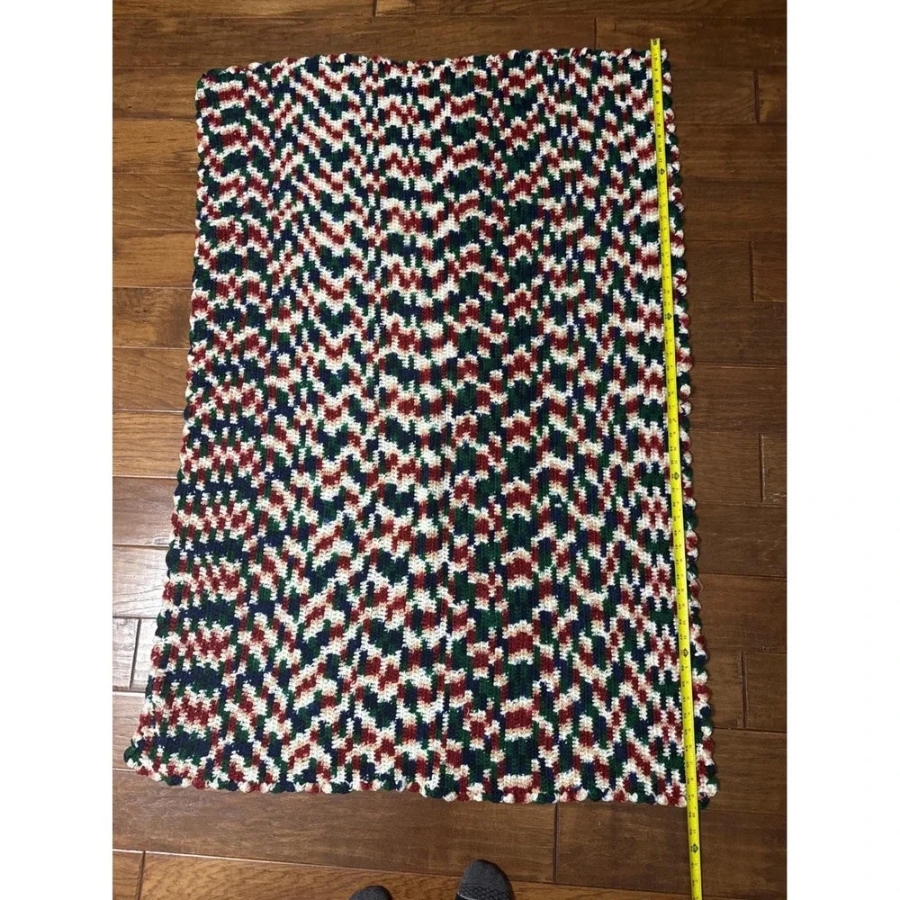 Vintage Handmade‎ Crochet Afghan Blanket Multi Color Navy Green Red Cream 60x39